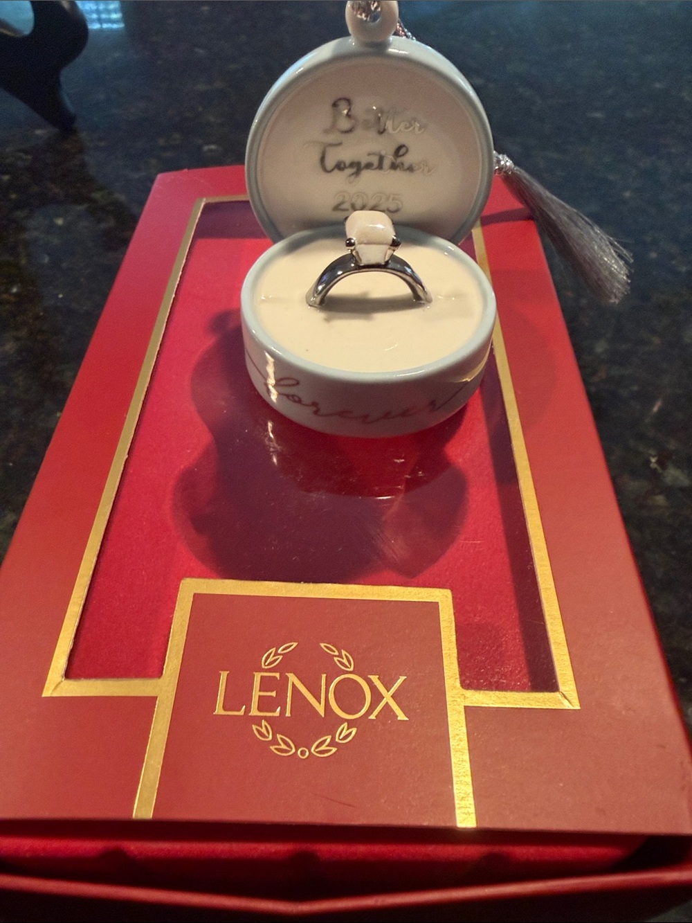 Lenox White Ceramic Ring Trinket Box with Silver Accent and Tassel